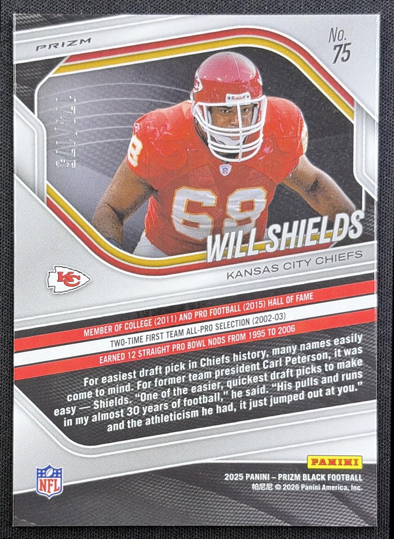 Will Shields 2025 Panini Prizm Black White /175 Chiefs back