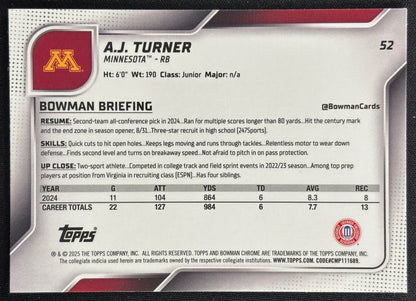 A.J. Turner 2025 Chrome University Sapphire Prospect Golden Gophers Sports Trading Card