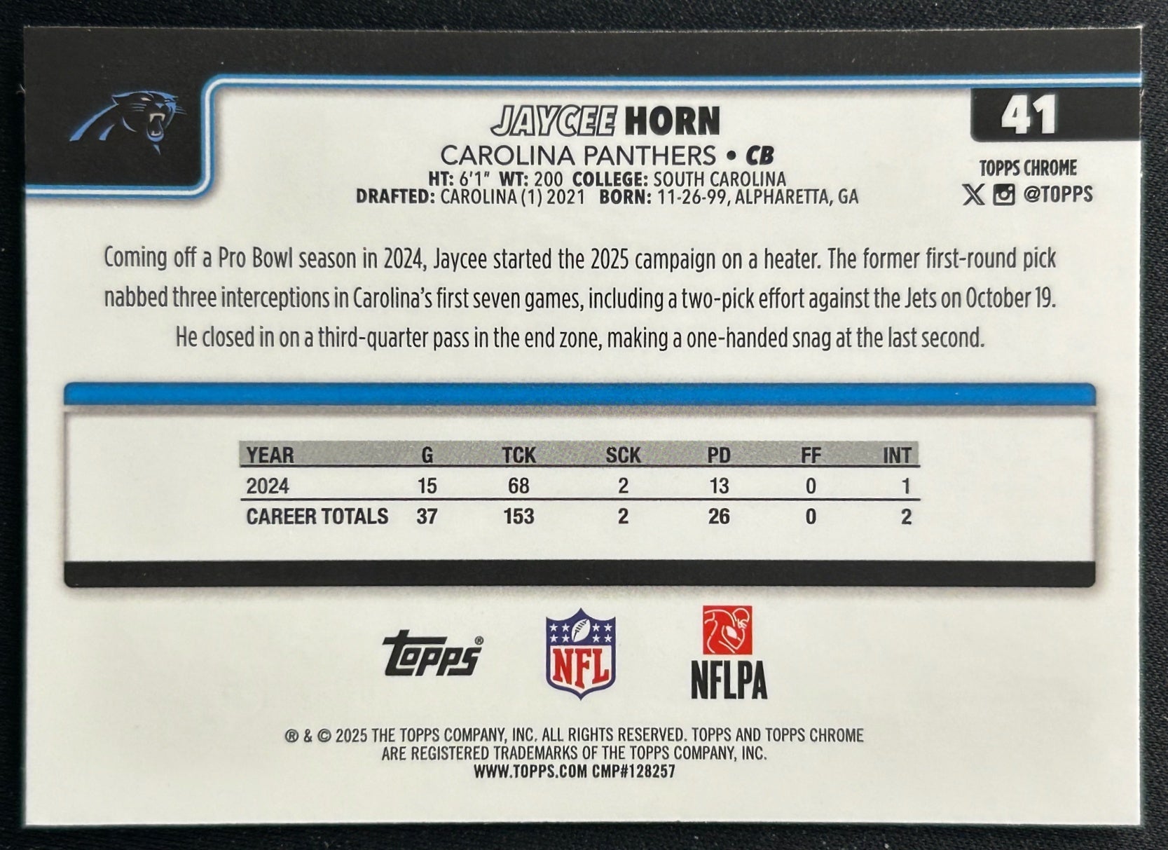 Jaycee Horn 2025 Topps Chrome Panthers Sports Trading Cards