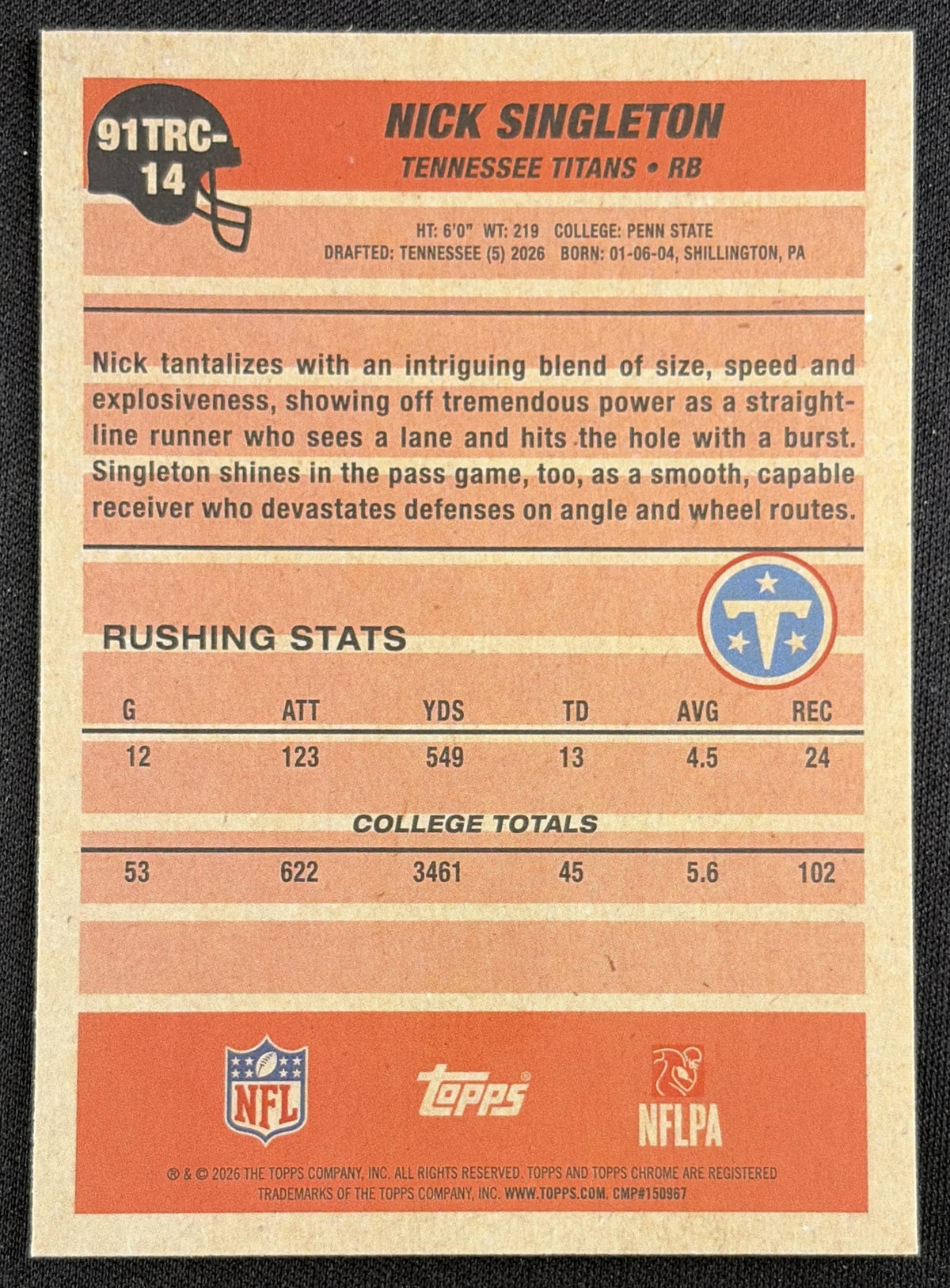 Nick Singleton 2026 Topps 1991 Chrome Rookie Mojo Refractor Titans Sports Trading Card
