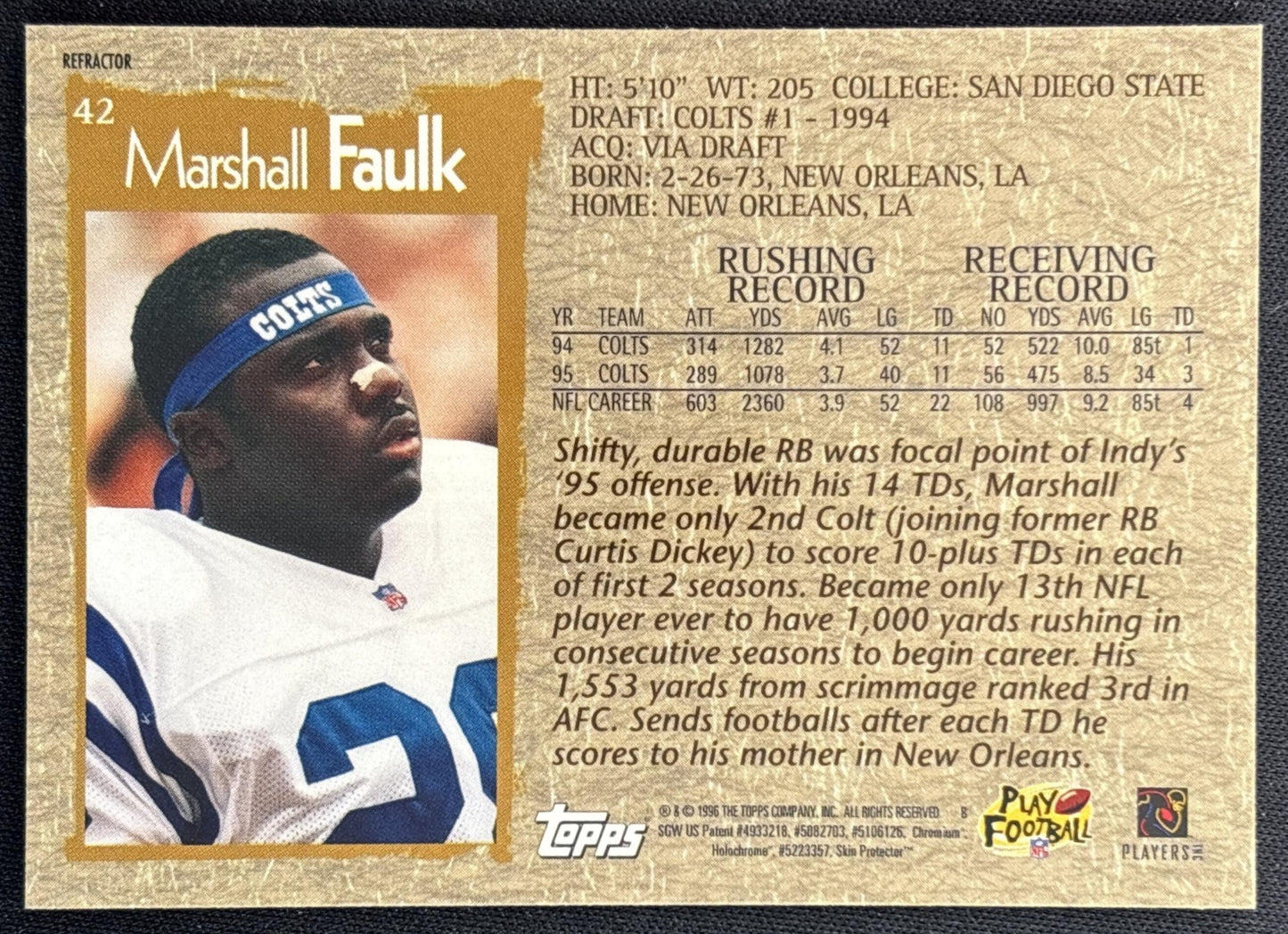 Marshall Faulk 1996 Topps Chrome Refractor Colts back