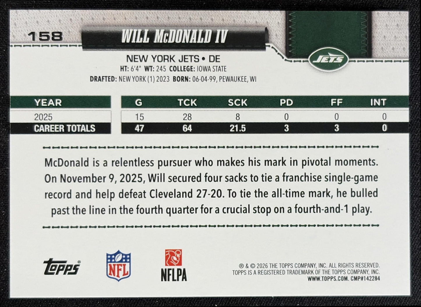 Will McDonald IV 2026 Topps Football Leather Foil Jets back