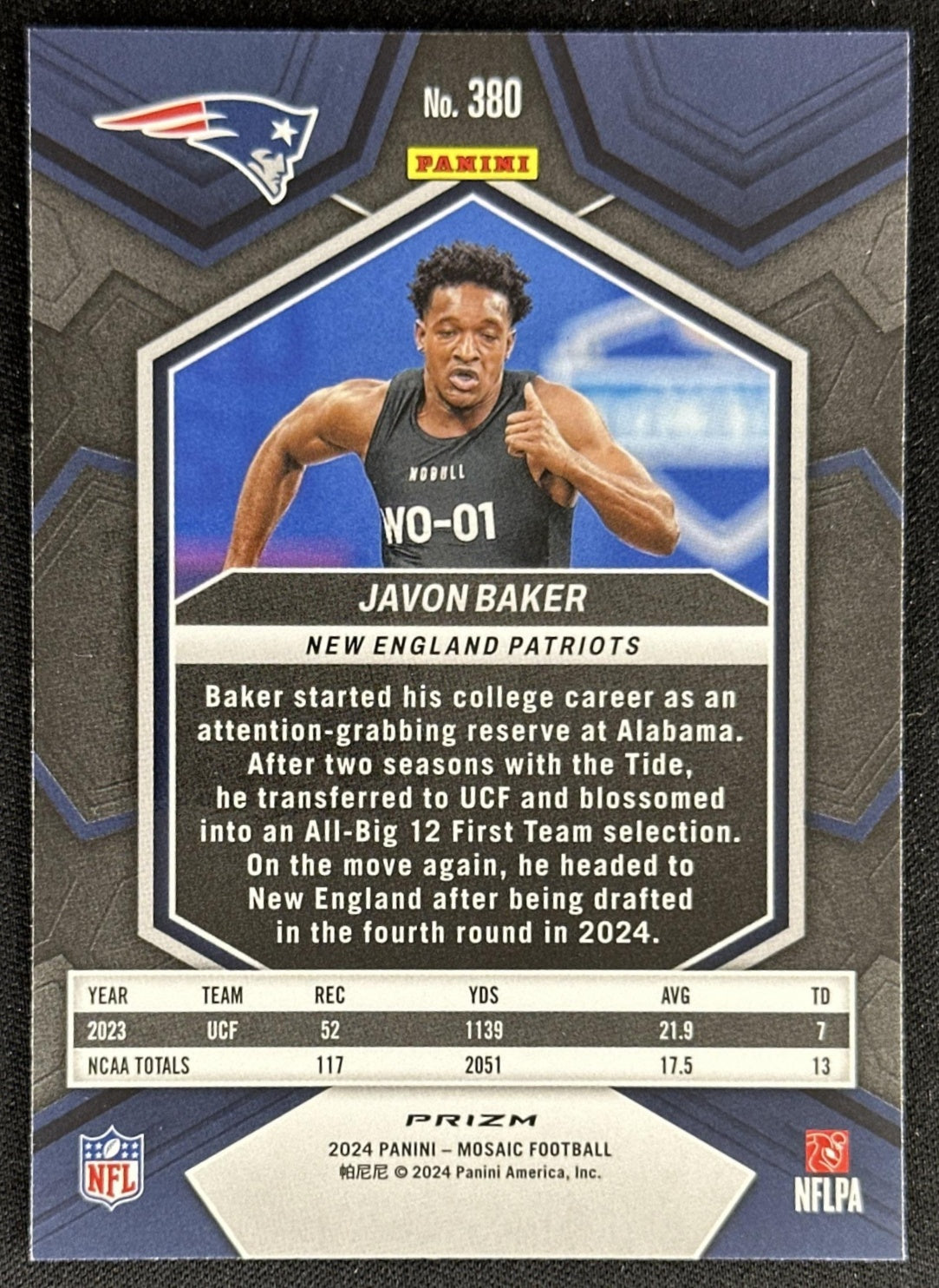Javon Baker 2024 Panini Mosaic Red Sparkle Prizm Patriots