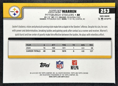 Jaylen Warren 2025 Topps Chrome Blue Refractor /150 Steelers back