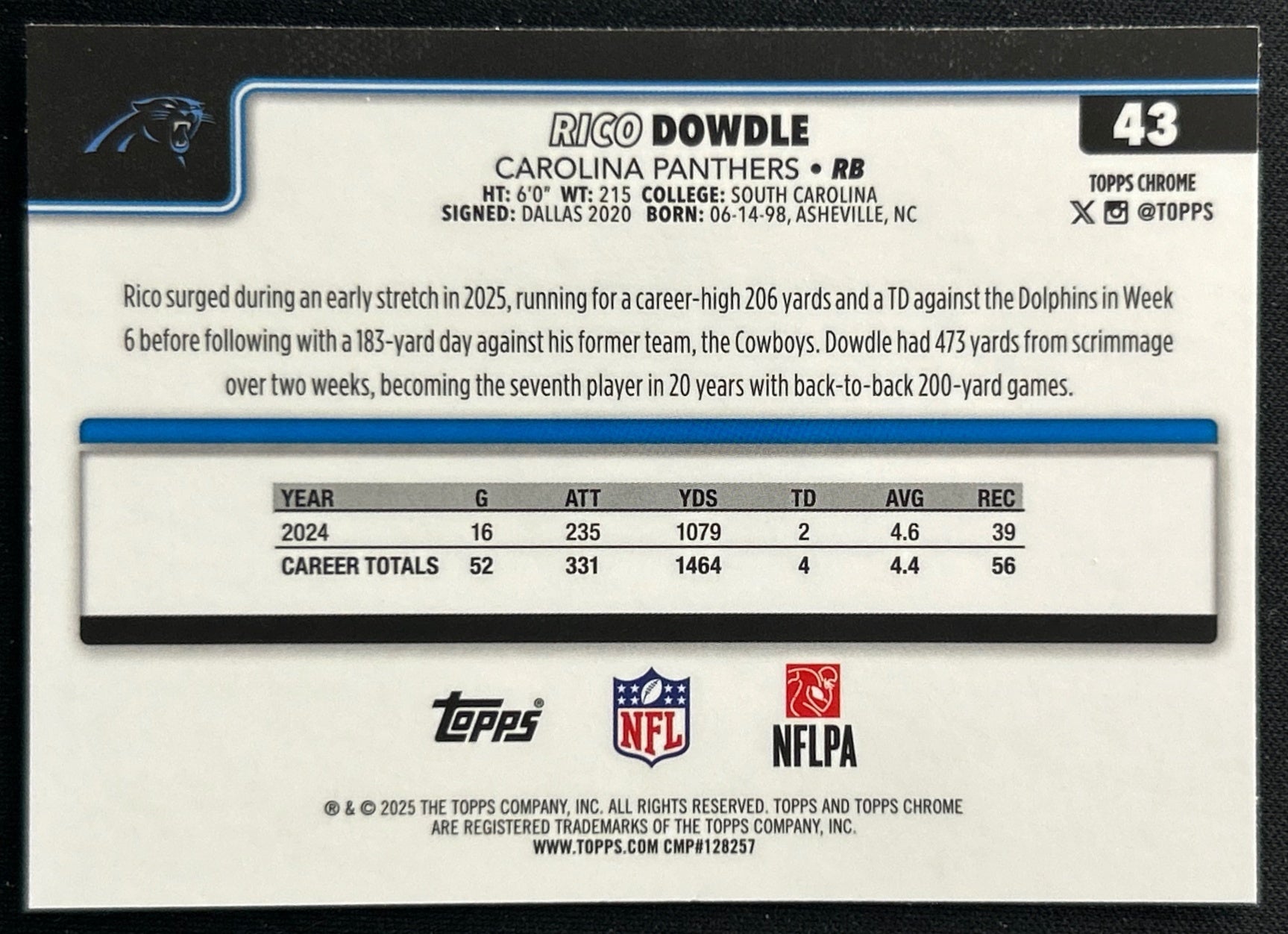 Rico Dowdle 2025 Topps Chrome Panthers Sports Trading Cards