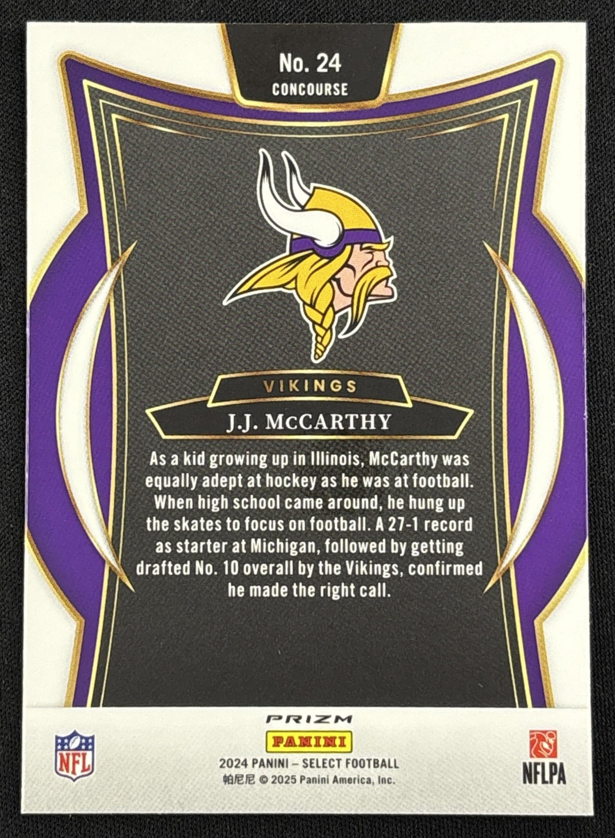 J.J. McCarthy 2024 Panini Select Concourse Black and Green Prizm Shock Vikings - Back