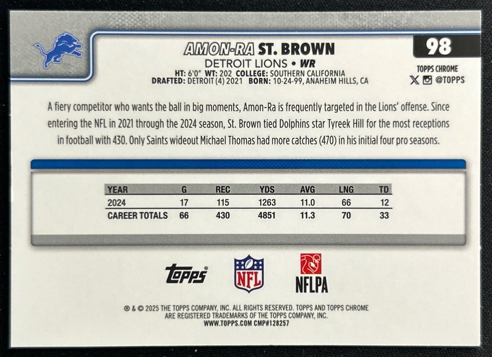 Amon-Ra St. Brown 2025 Topps Chrome Lions Sports Trading Cards