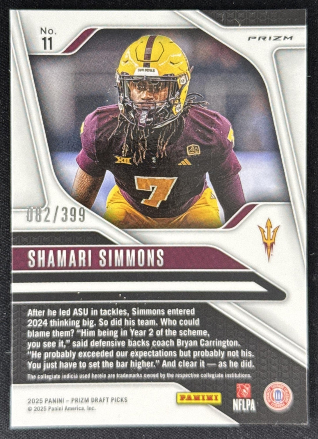 Shamari Simmons 2025 Panini Prizm Draft Picks Red /399 Sun Devils Sports Trading Card