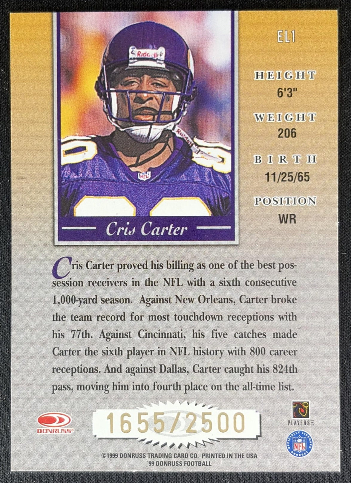 Cris Carter 1999 Donruss Elite Inserts /2500 Vikings back