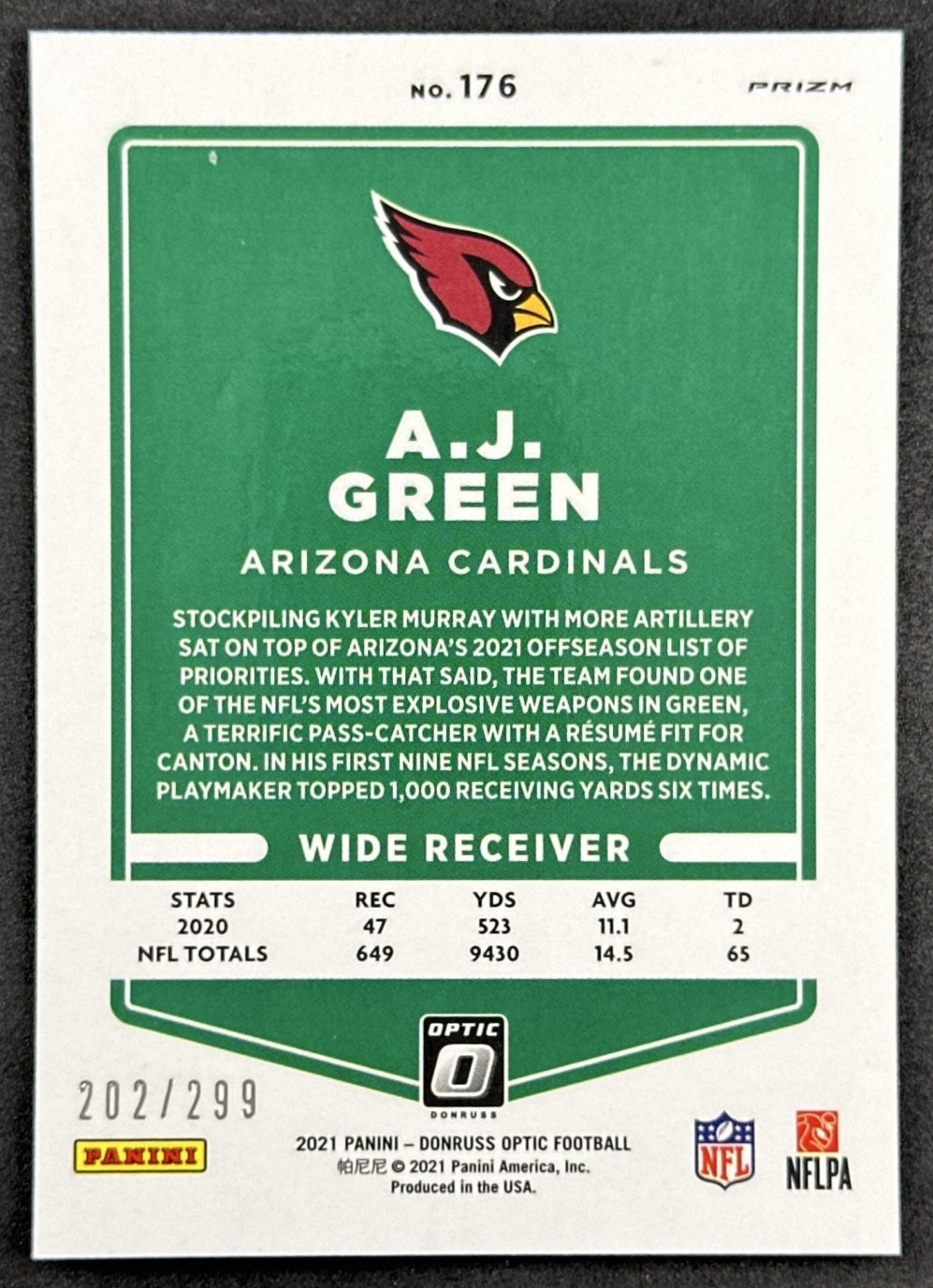 A.J. Green 2021 Panini Donruss Optic Wave /299 Cardinals back