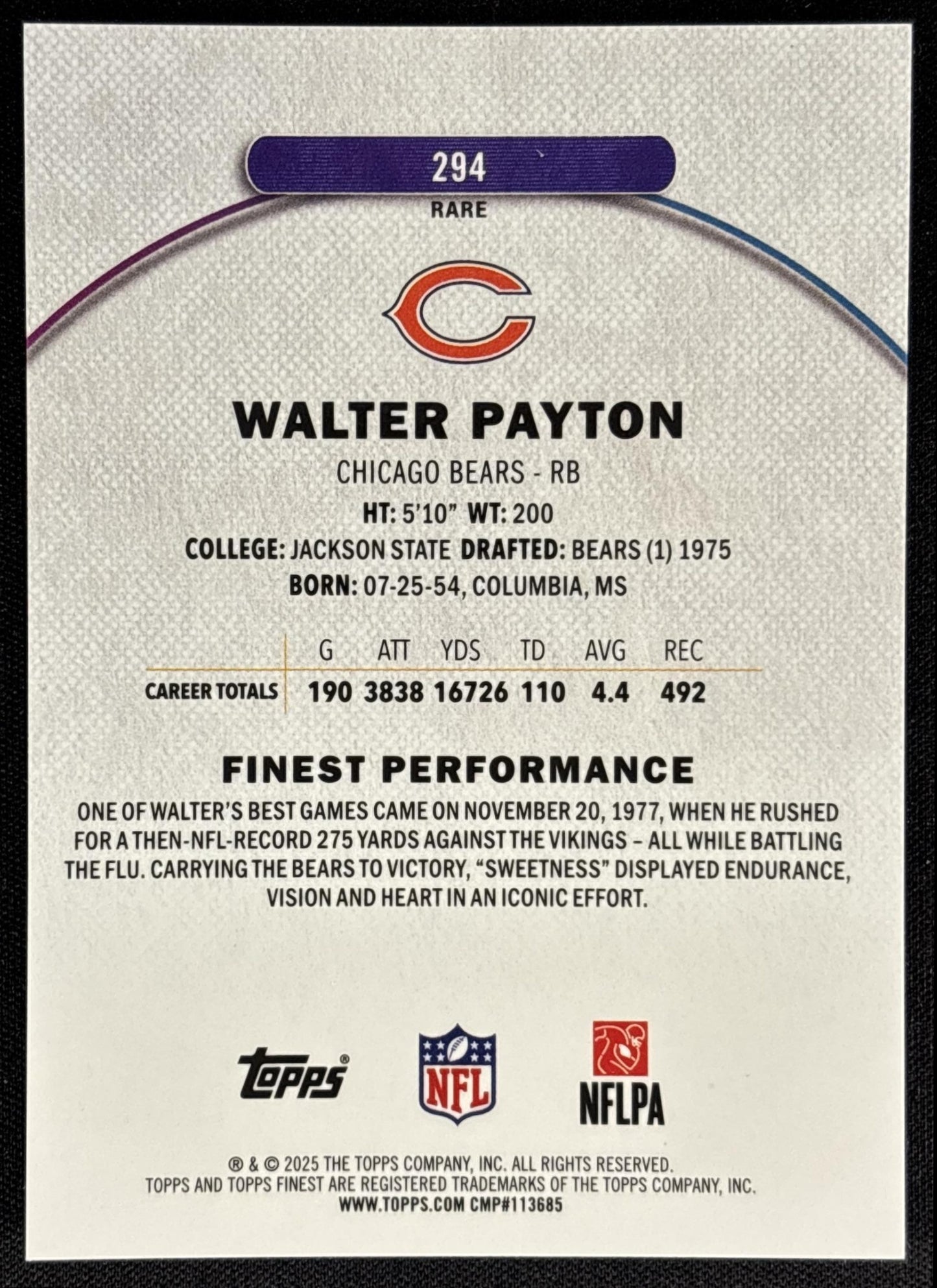 Walter Payton 2025 Topps Finest Rare Sky Blue Refractor /150 Bears - back