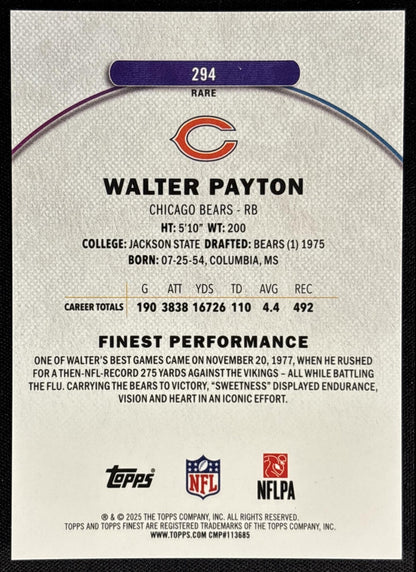 Walter Payton 2025 Topps Finest Rare Sky Blue Refractor /150 Bears - back