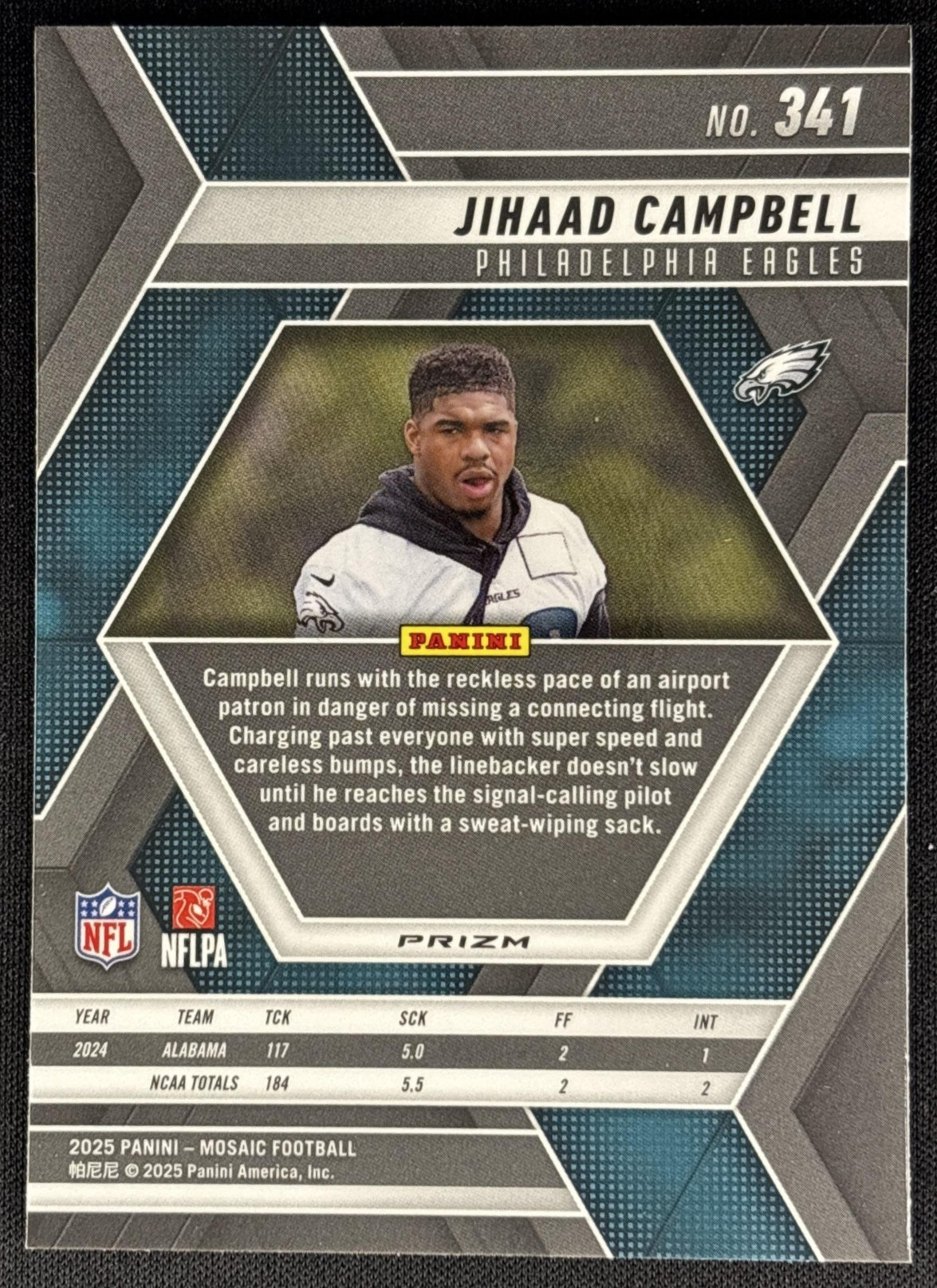 Jihaad Campbell 2025 Panini Mosaic Rookies Green Prizm Eagles back