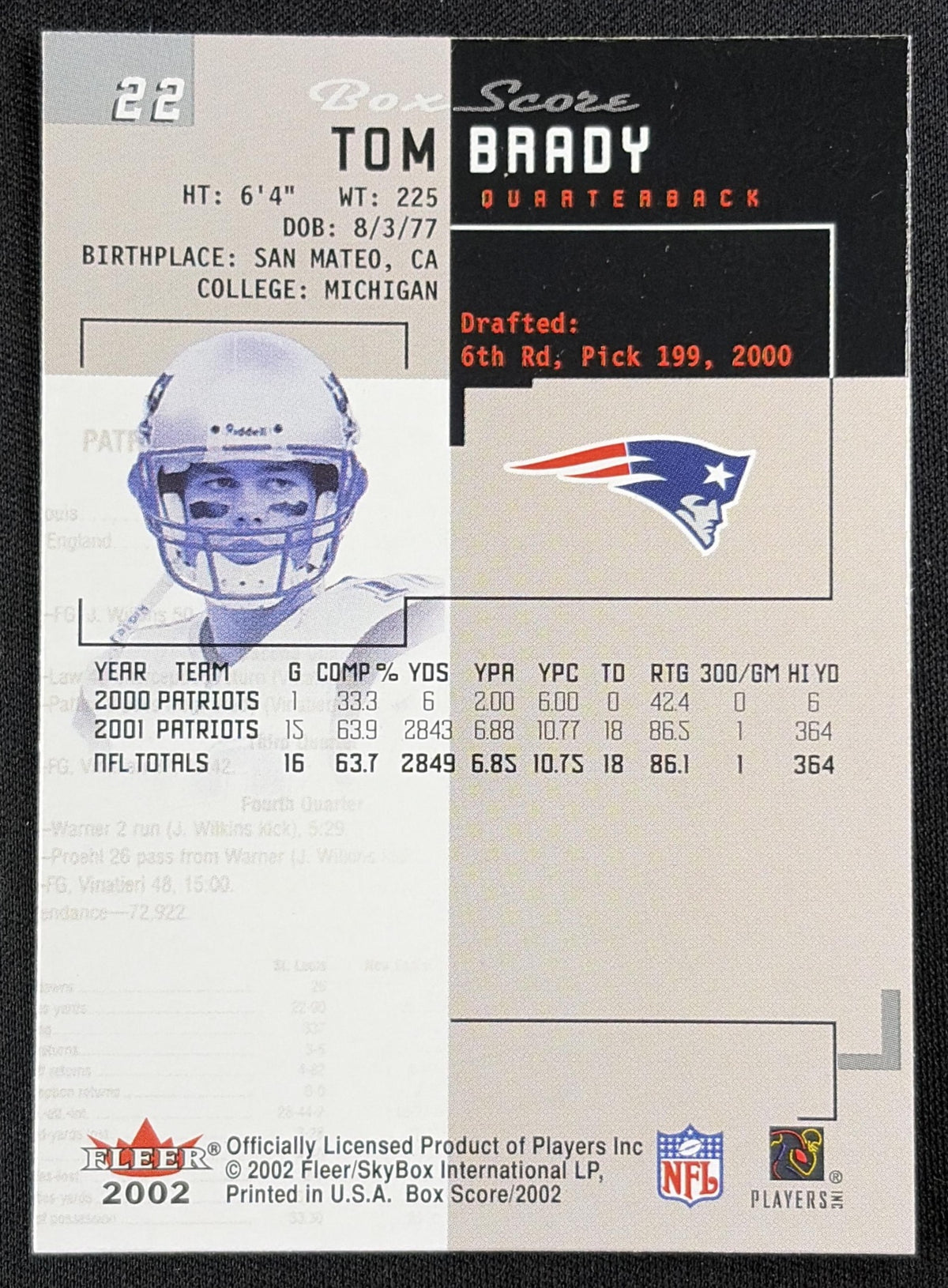 Tom Brady 2002 Fleer Box Score Patriots