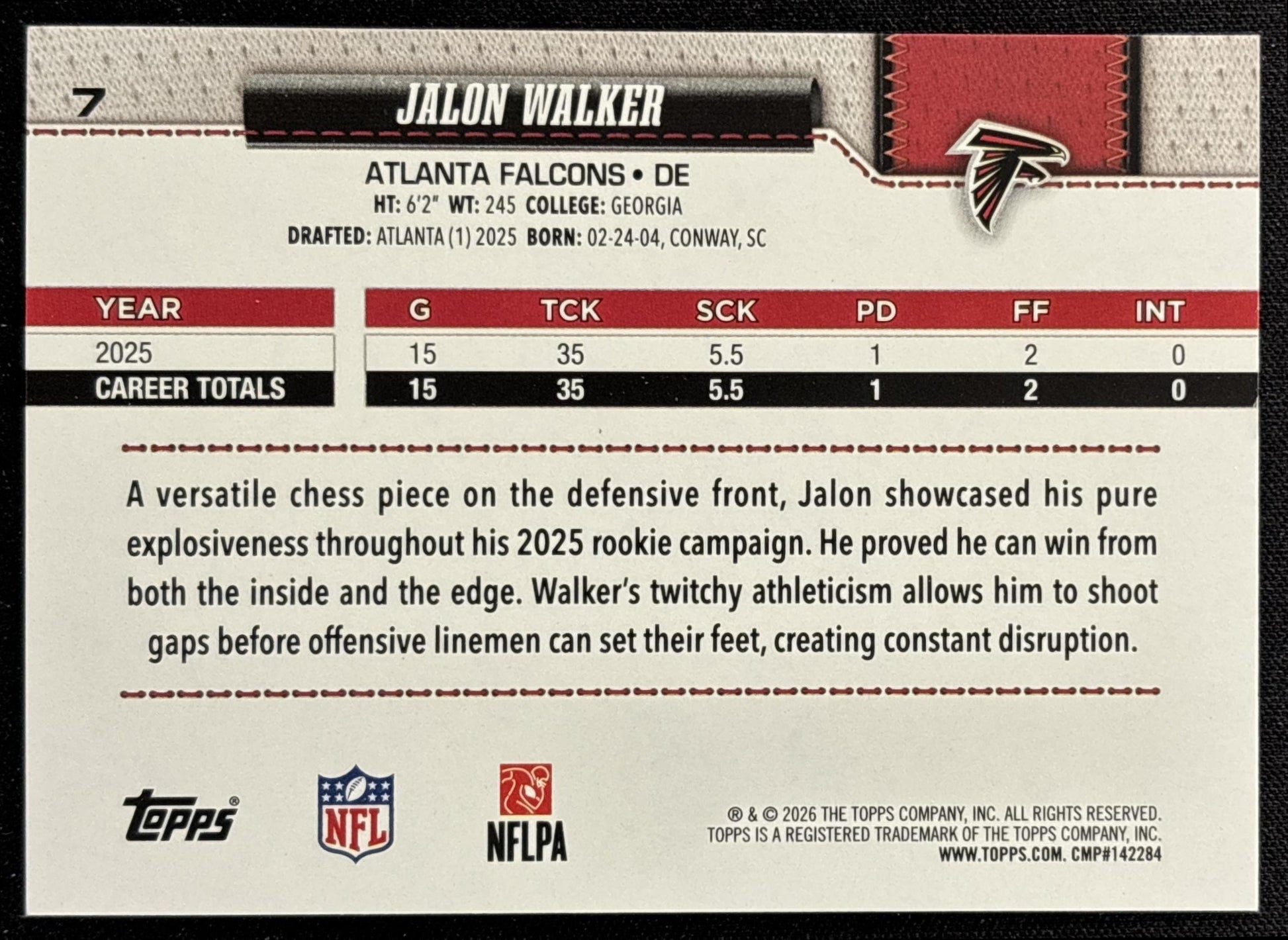 Jalon Walker 2026 Topps Rainbow Foil Falcons Sports Trading Card