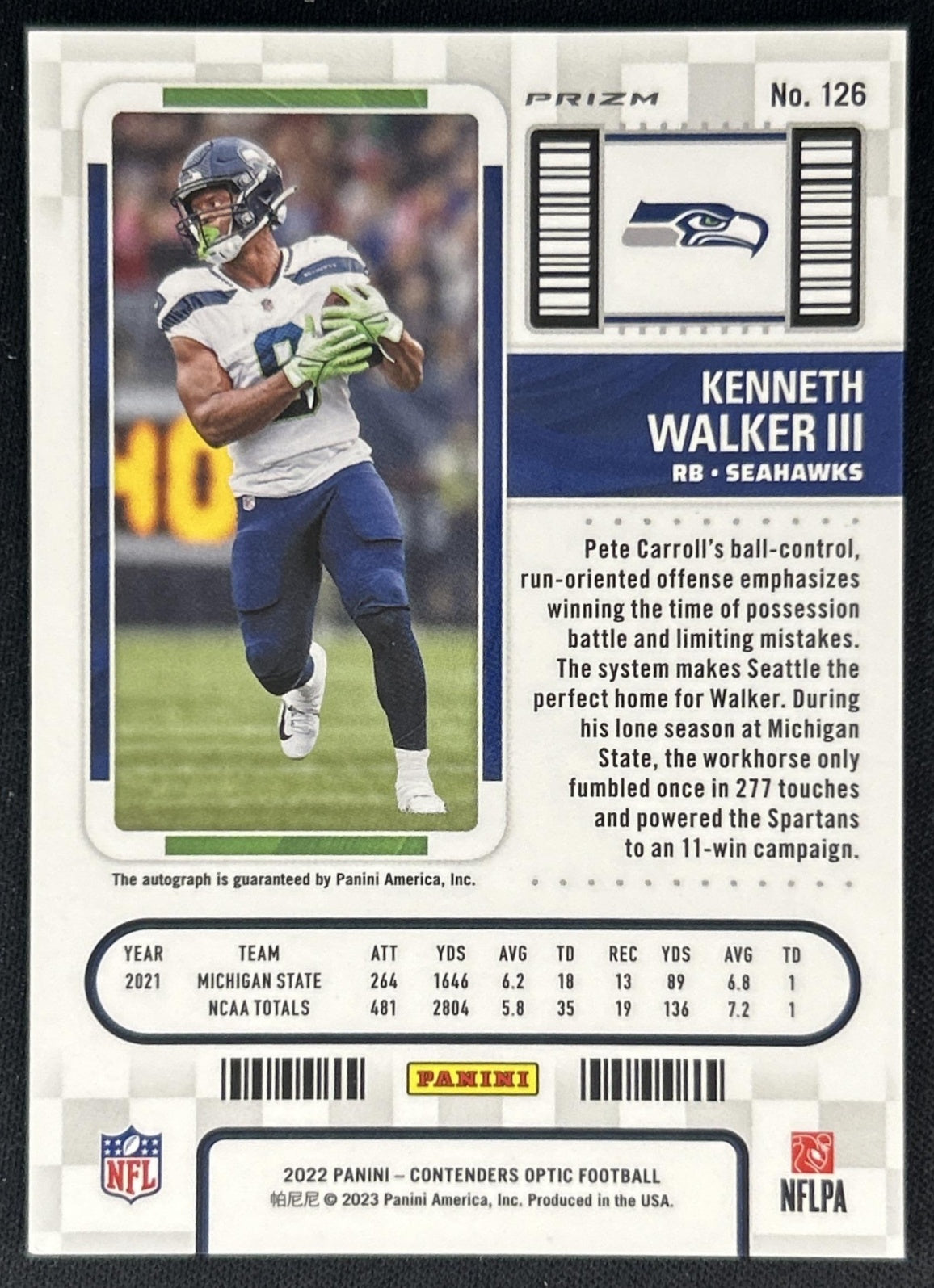 Kenneth Walker III 2022 Panini Contenders Optic Silver Rookie Ticket Auto Seahawks Back
