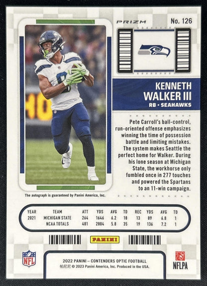 Kenneth Walker III 2022 Panini Contenders Optic Silver Rookie Ticket Auto Seahawks Back