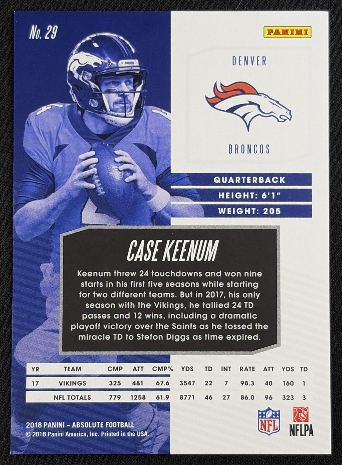 Case Keenum 2018 Panini Absolute Spectrum Orange /65 Broncos - back