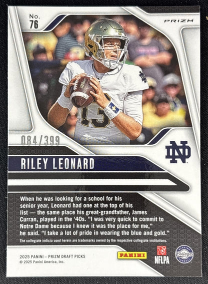 Riley Leonard 2025 Panini Prizm Draft Picks Red /399 Fighting Irish Back