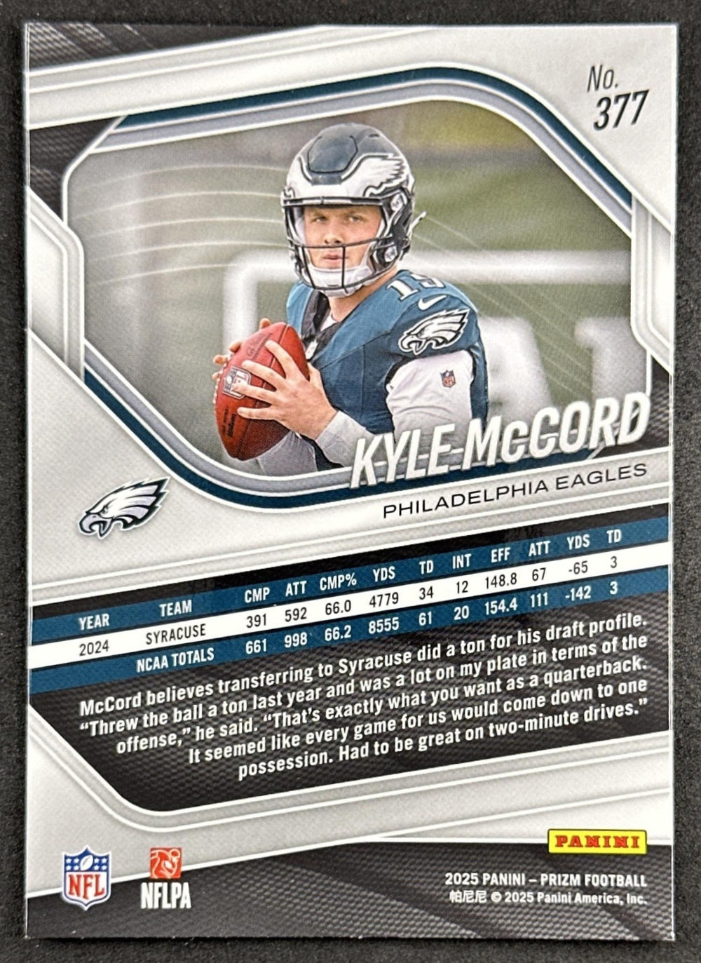 Kyle McCord 2025 Panini Prizm Eagles back