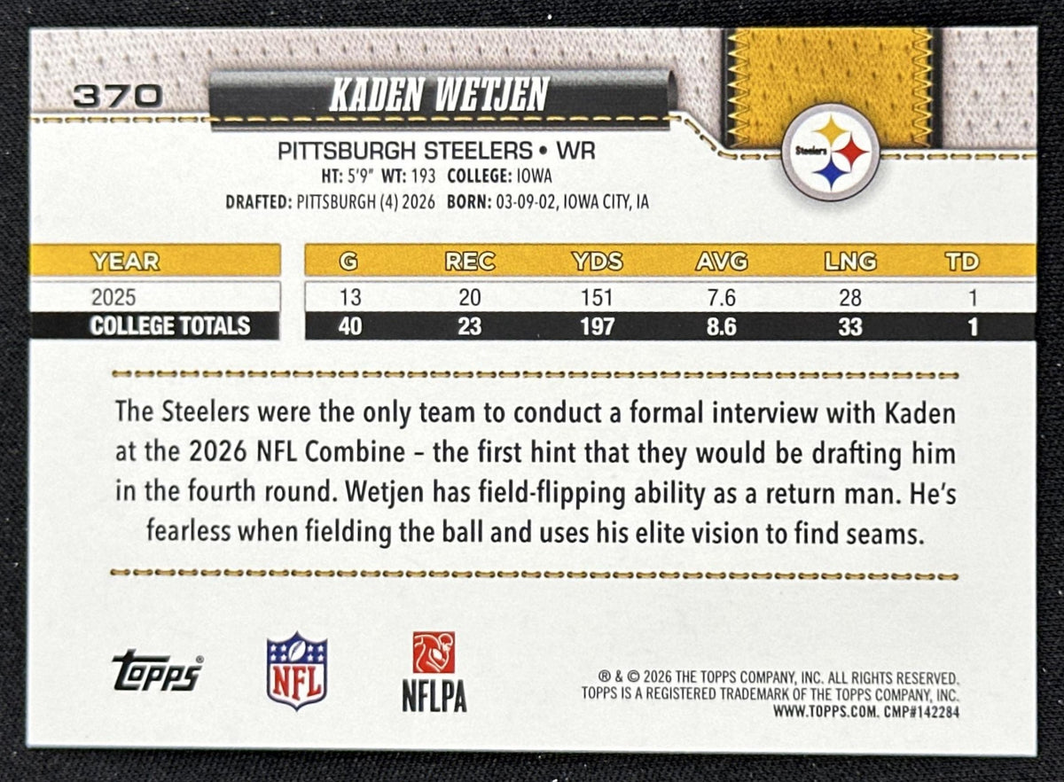 Kaden Wetjen 2026 Topps Flagship Fanatics Foil Steelers