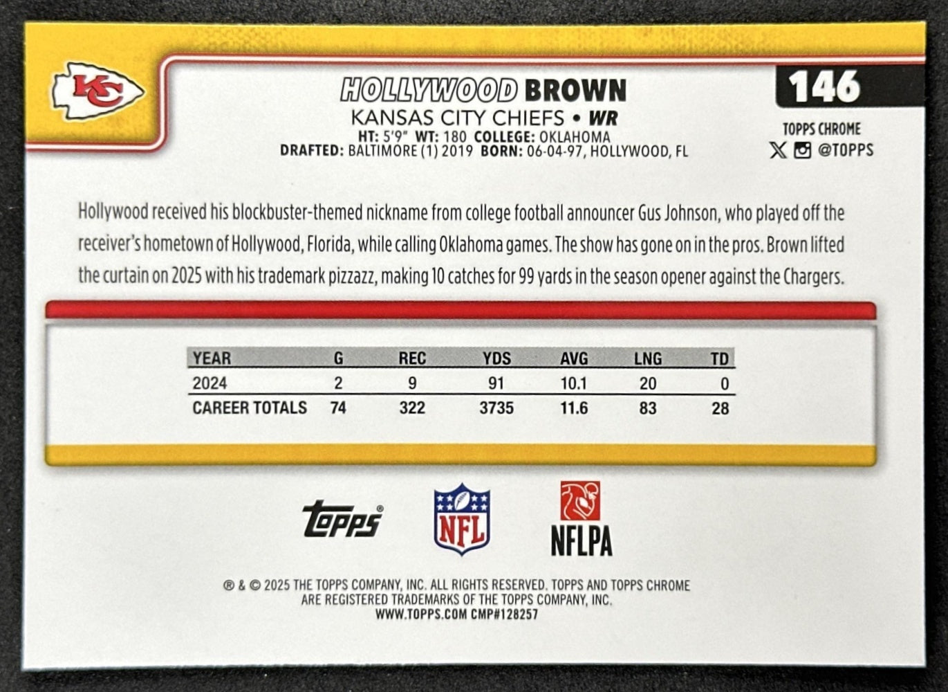 Hollywood Brown 2025 Topps Chrome Sapphire Chiefs