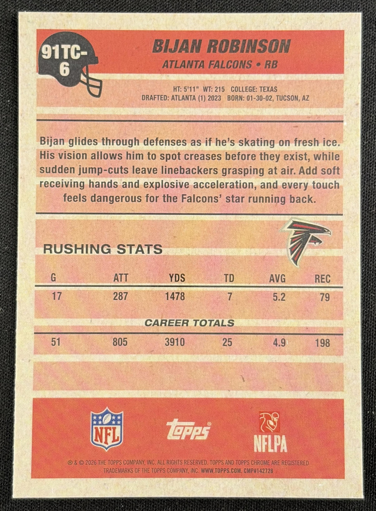Bijan Robinson 2026 Topps 1991 Chrome Mojo Refractor Falcons back