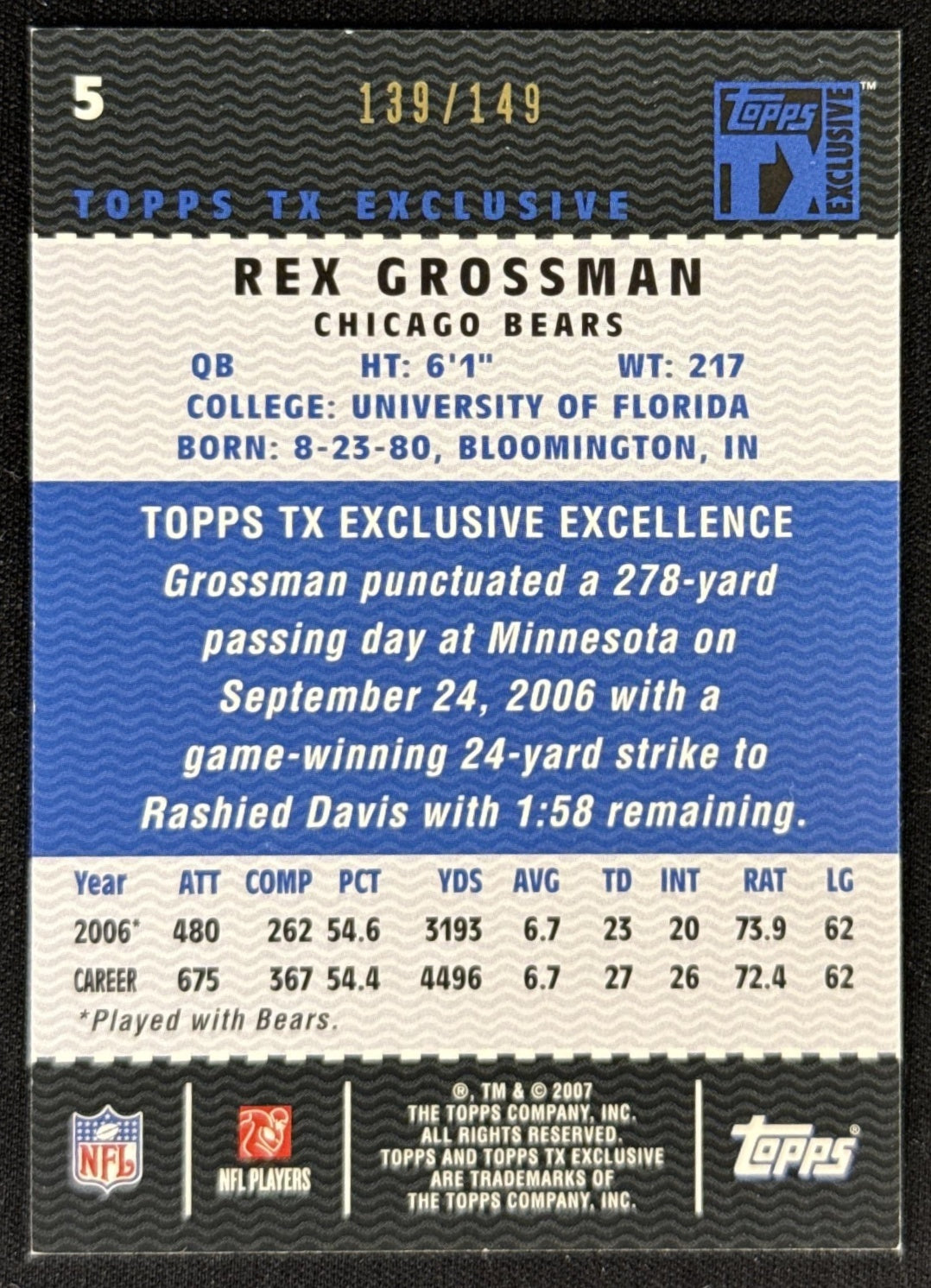Rex Grossman 2007 Topps TX Exclusive Bears Sports Trading Card