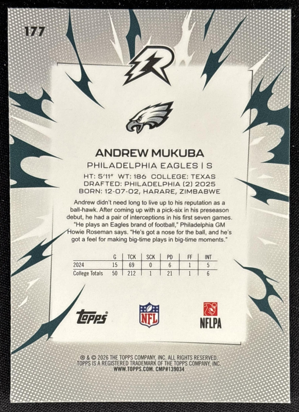 Andrew Mukuba 2025 Topps Resurgence Blue and Orange Spark Refractor Eagles