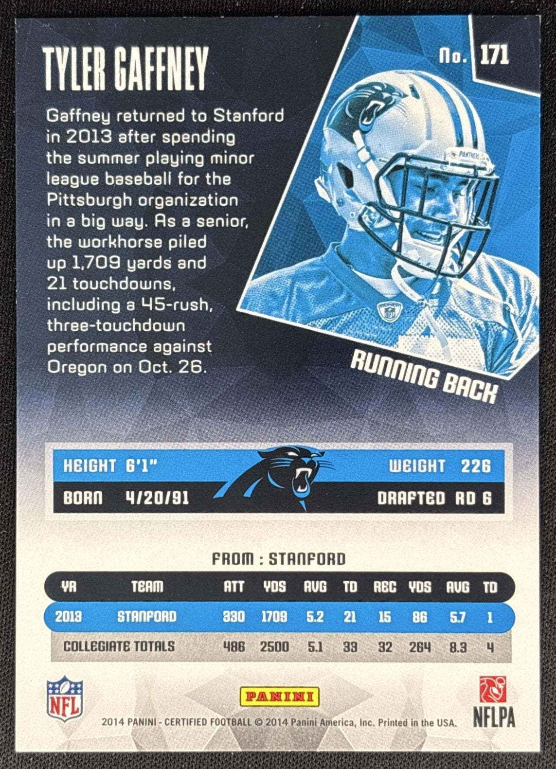 Tyler Gaffney 2014 Panini Certified Blue /99 Panthers back