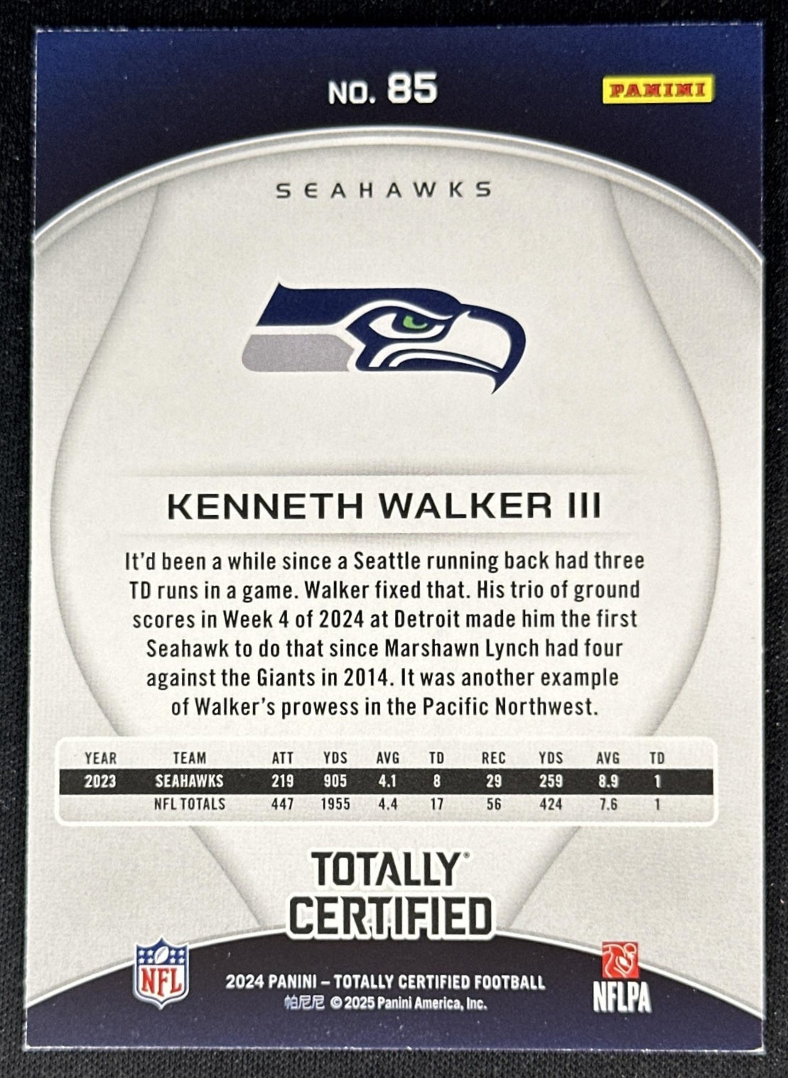 Kenneth Walker III 2024 Panini Totally Certified Red Seahawks Chiefs back