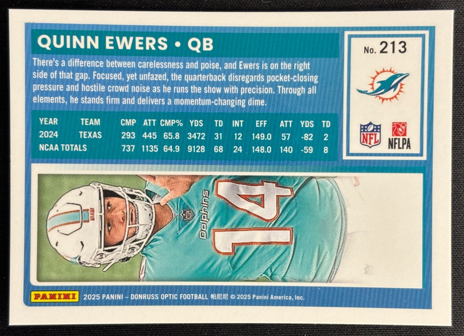 Quinn Ewers 2025 Donruss Optic Rated Rookie Dolphins Sports Trading Card