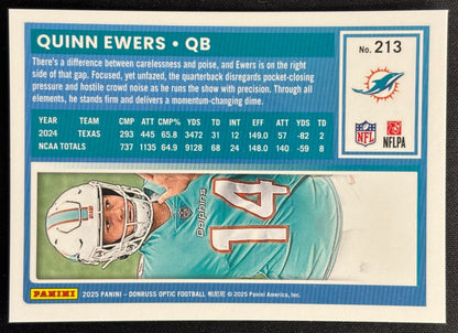 Quinn Ewers 2025 Donruss Optic Rated Rookie Dolphins Sports Trading Card