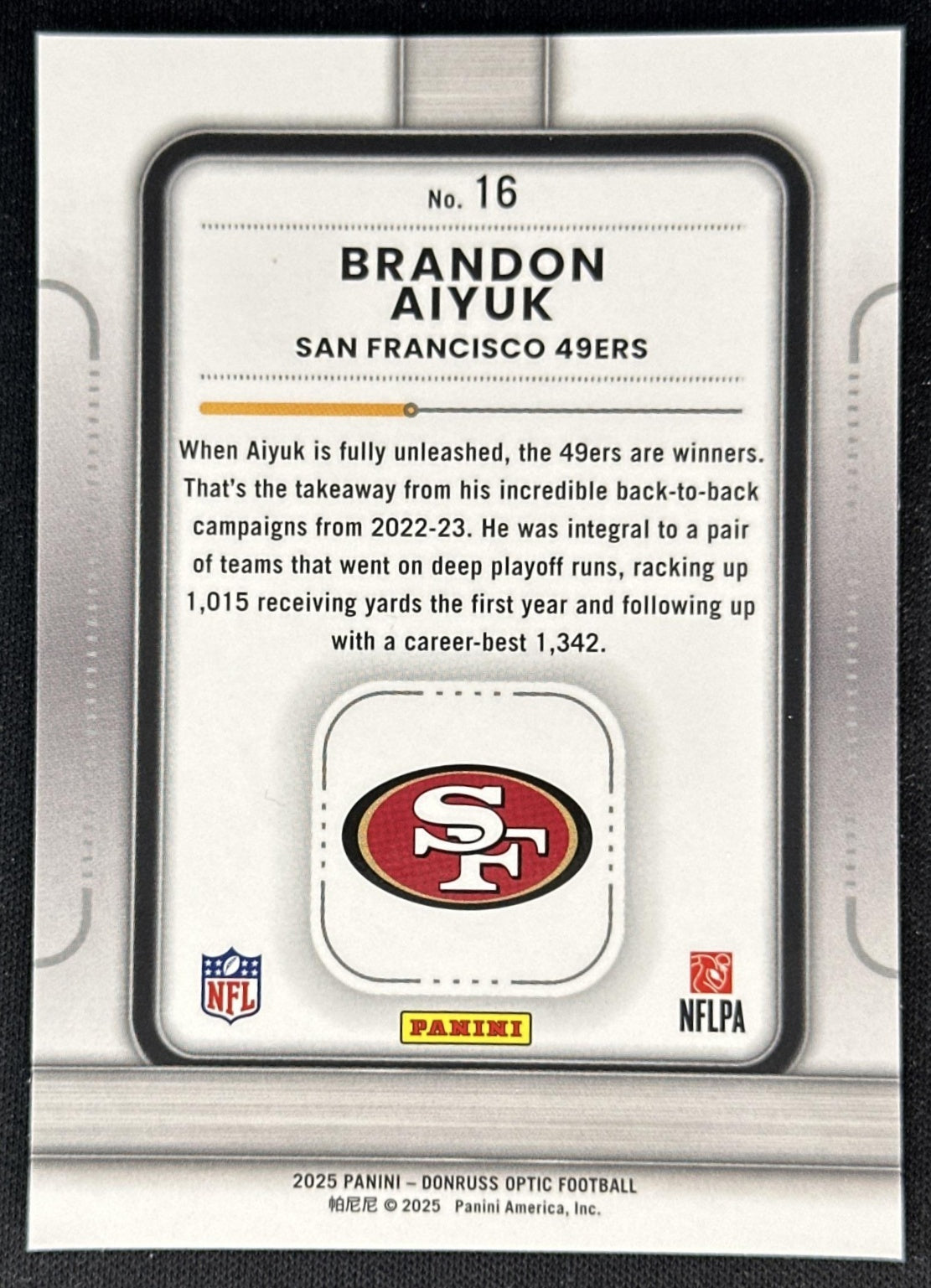 Brandon Aiyuk 2025 Panini Donruss Optic Play Action 49ers back