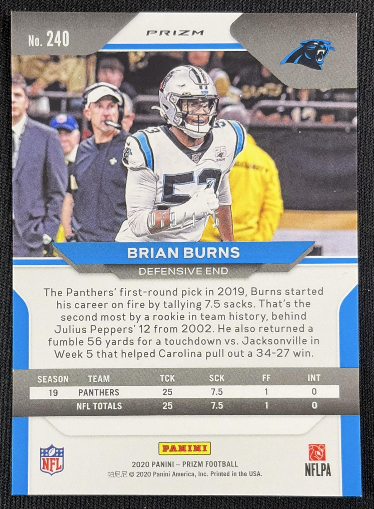 Brian Burns 2020 Panini Prizm Hyper /175 Panthers