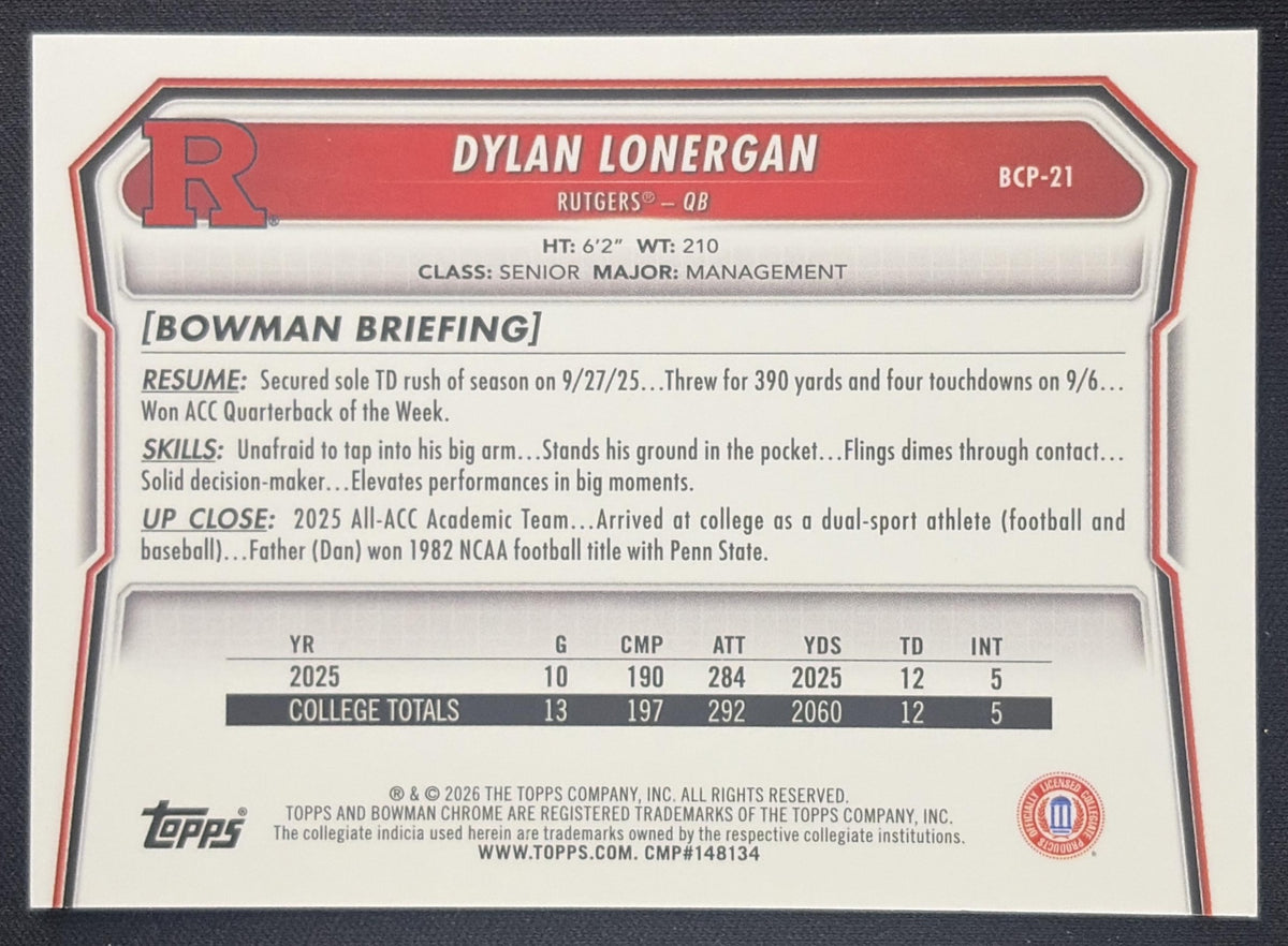 Dylan Lonergan 2026 Bowman Chrome Prospects Mojo Refractor Scarlet Knights