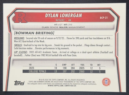 Dylan Lonergan 2026 Bowman Chrome Prospects Mojo Refractor Scarlet Knights