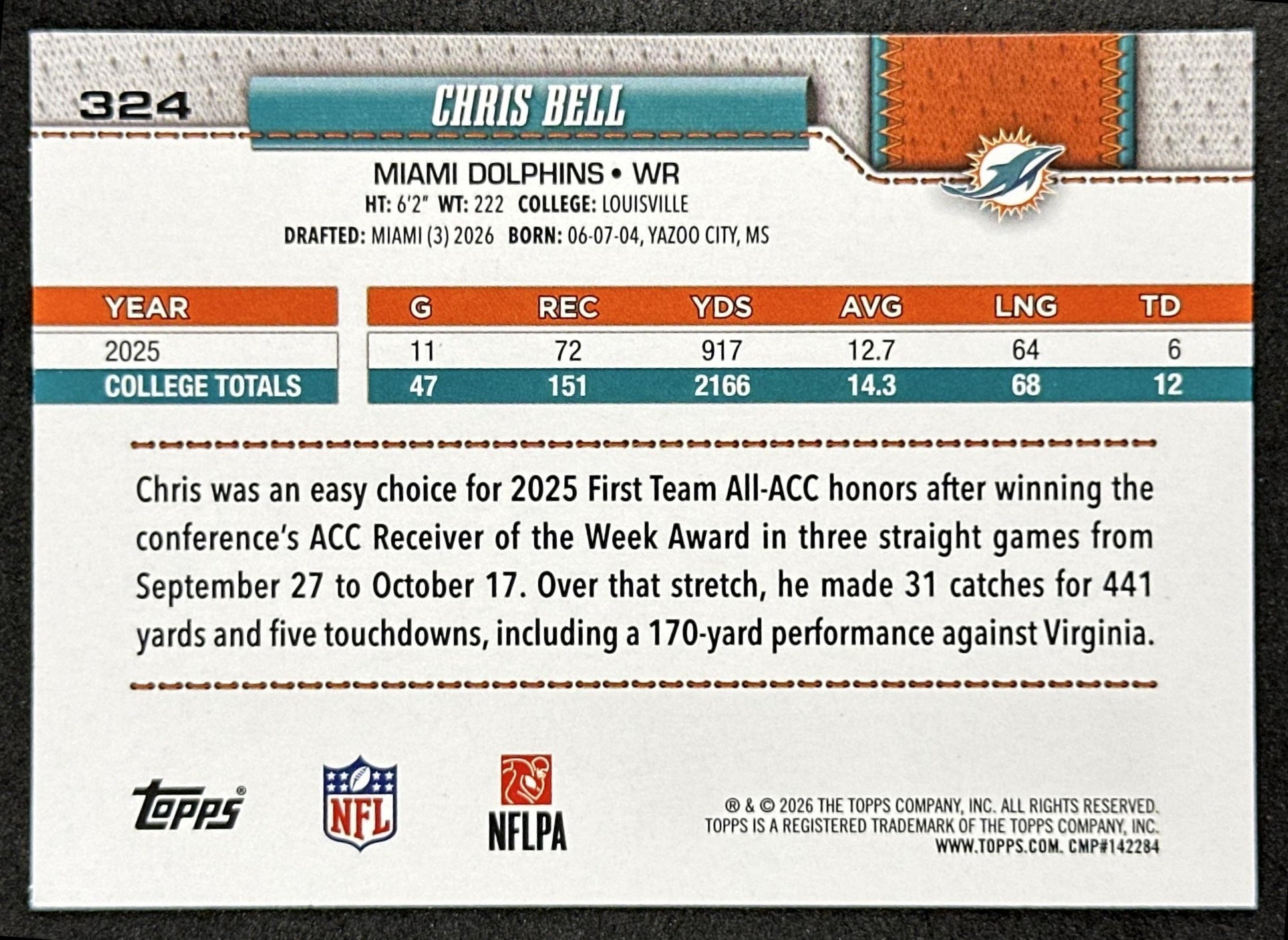 Chris Bell 2026 Topps Flagship Rookie Dolphins Sports Trading Cards