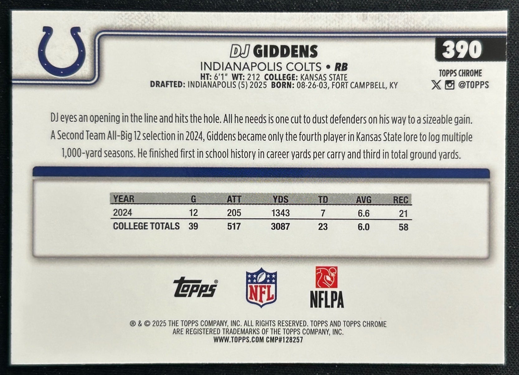DJ Giddens 2025 Topps Chrome Rookie Colts Sports Trading Cards