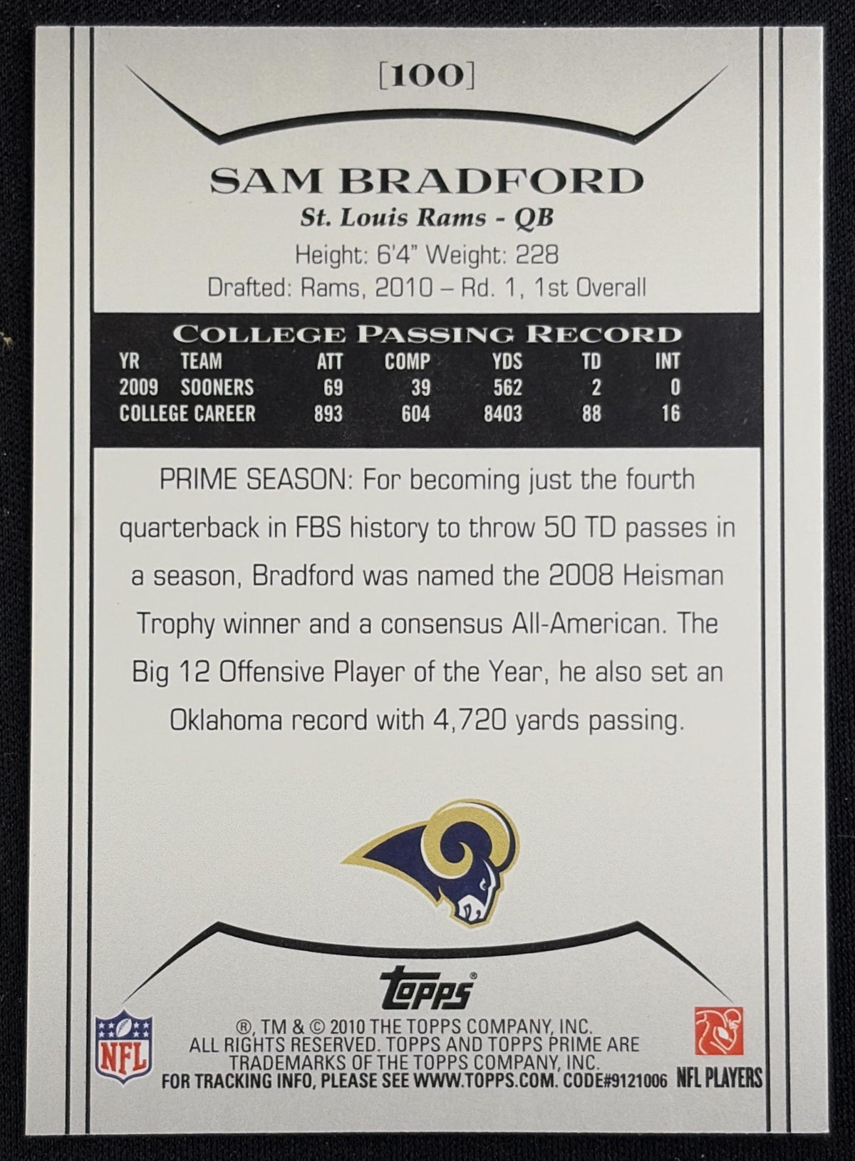 Back of Sam Bradford 2010 Topps Prime Retail Rams sports trading card