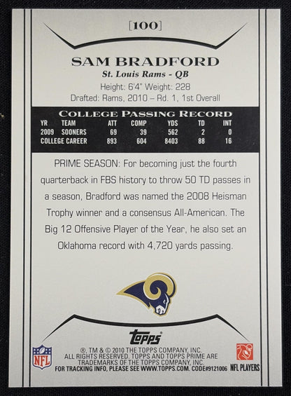 Back of Sam Bradford 2010 Topps Prime Retail Rams sports trading card