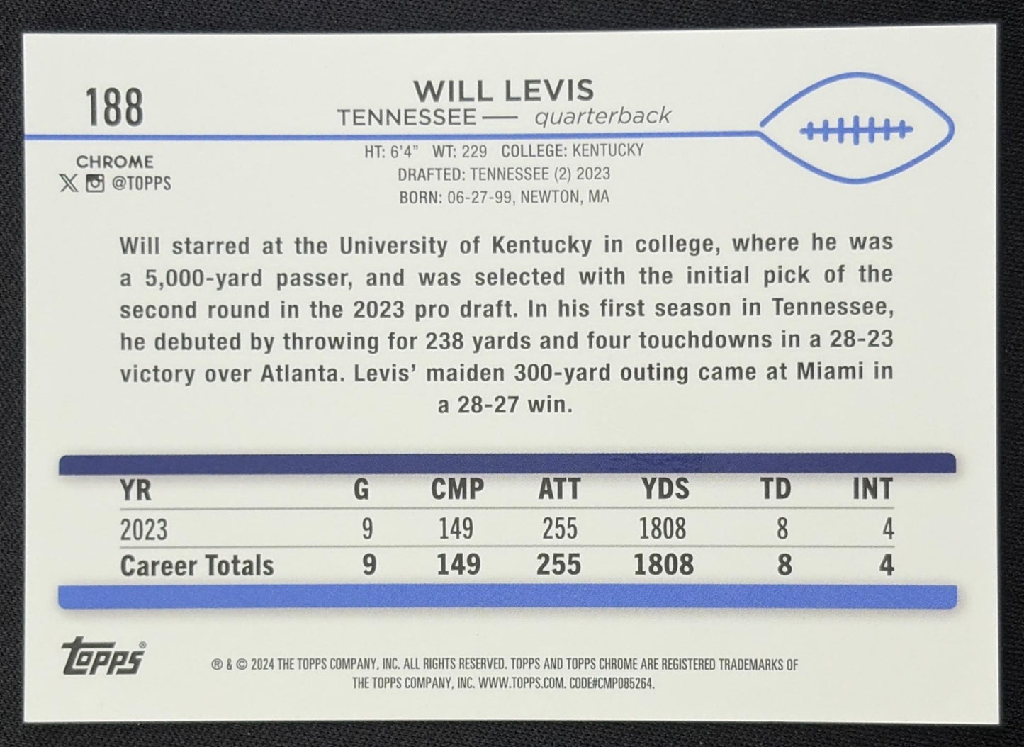 Will Levis 2024 Topps Chrome Sapphire Edition Orange Refractor /25 Titans