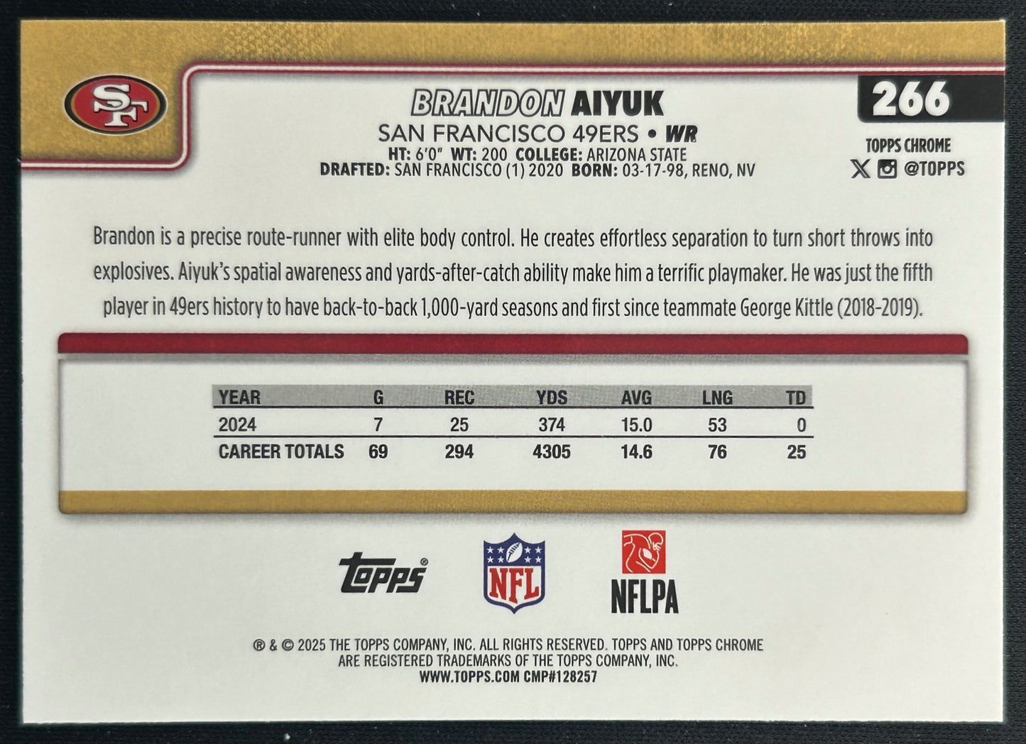 Brandon Aiyuk 2025 Topps Chrome Topps Logo Refractor 49ers Sports Trading Cards