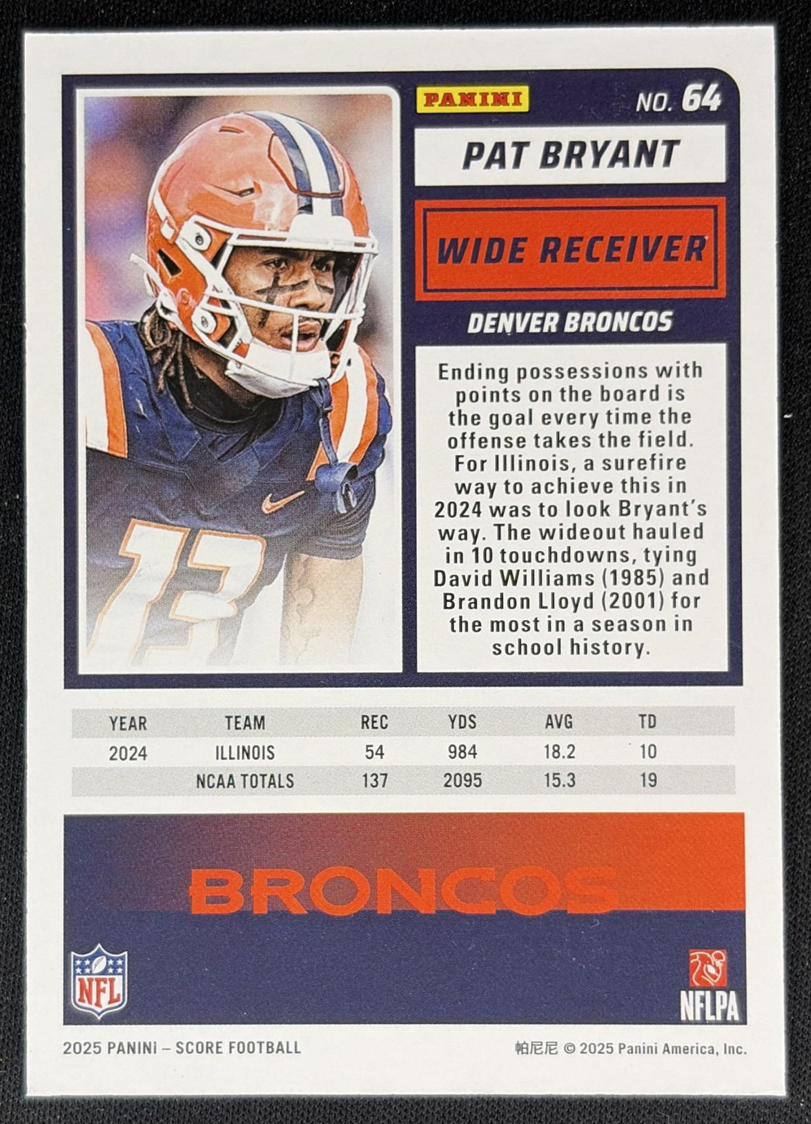 Pat Bryant 2025 Panini Score Rookies Lava /799 Broncos back
