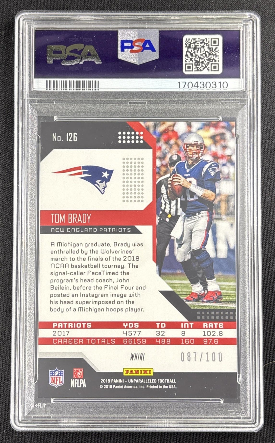 Tom Brady 2018 Panini Unparalleled Whirl /100 PSA 8 Patriots Sports Trading Card