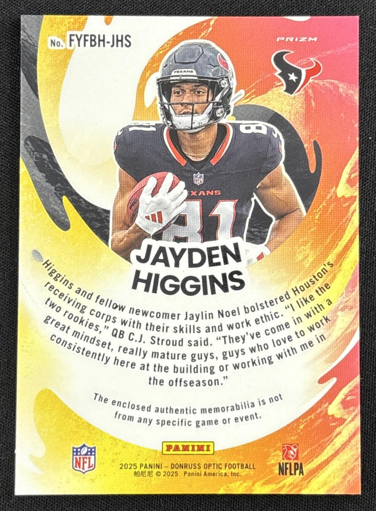 Jayden Higgins 2025 Panini Donruss Optic First Year Fresh Texans