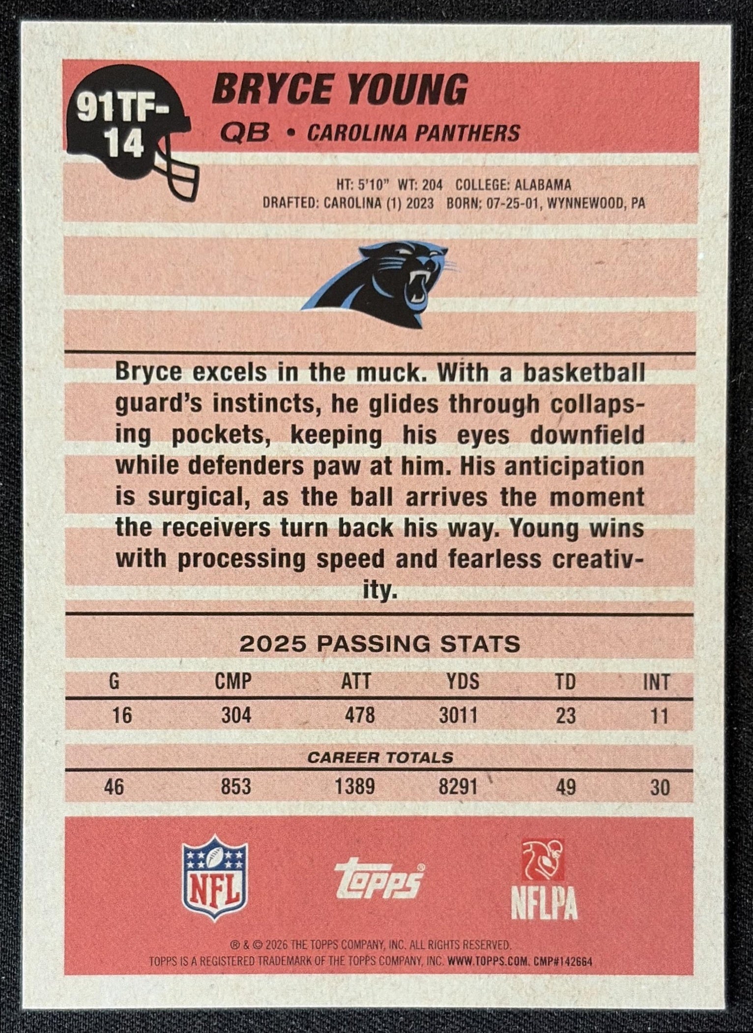 Bryce Young 2026 Topps 1991 Panthers back