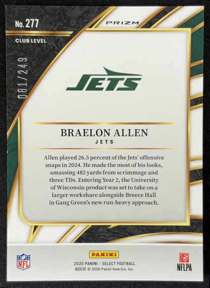 Braelon Allen 2025 Panini Select Club Level Tri-Color Prizm /249 Jets back