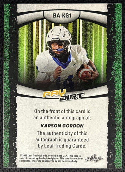 Karson Gordon 2026 Leaf Paydirt Auto Orange /65 back