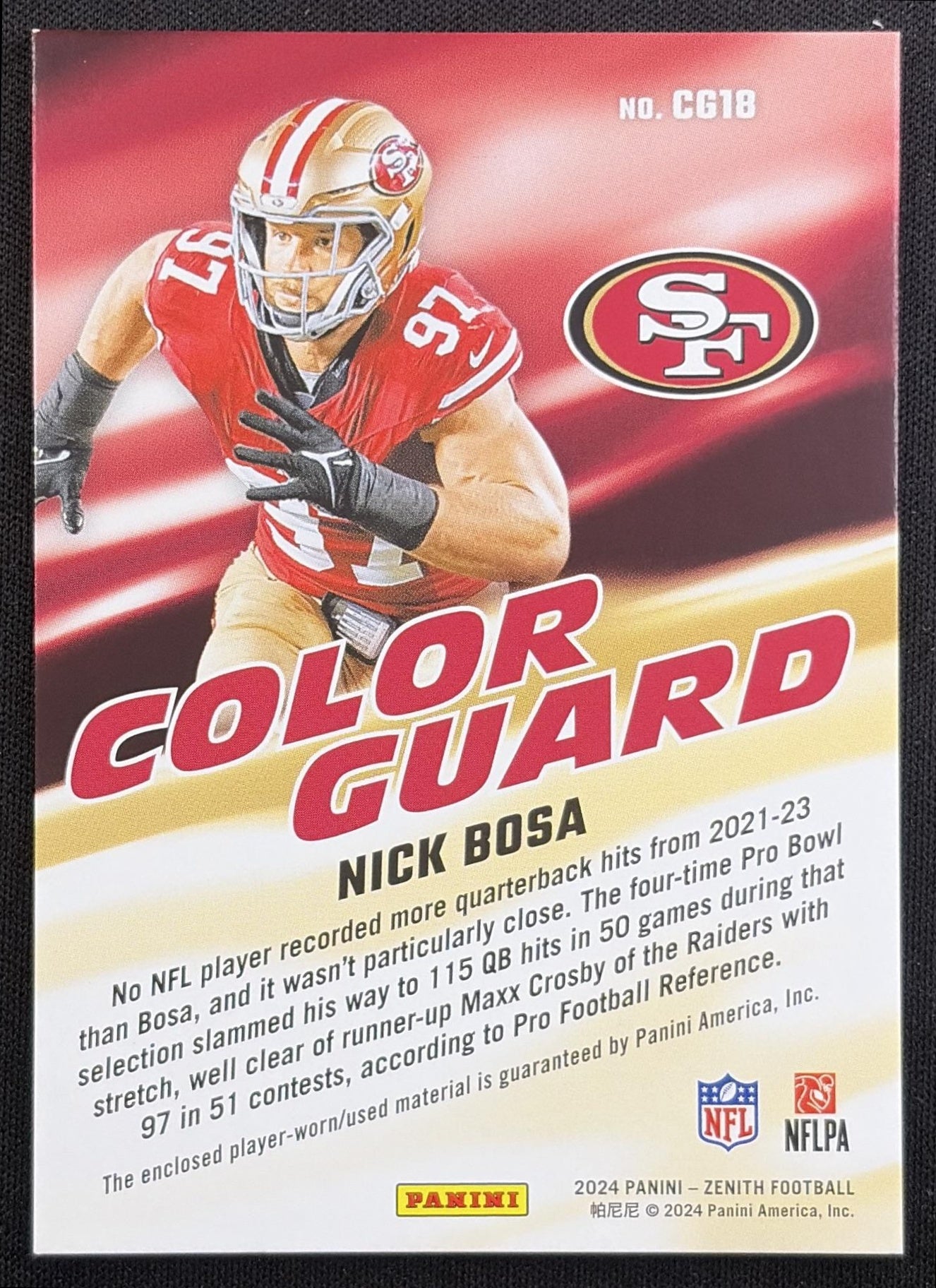 Nick Bosa 2024 Panini Zenith Color Guard 49ers San Francisco 49ers back